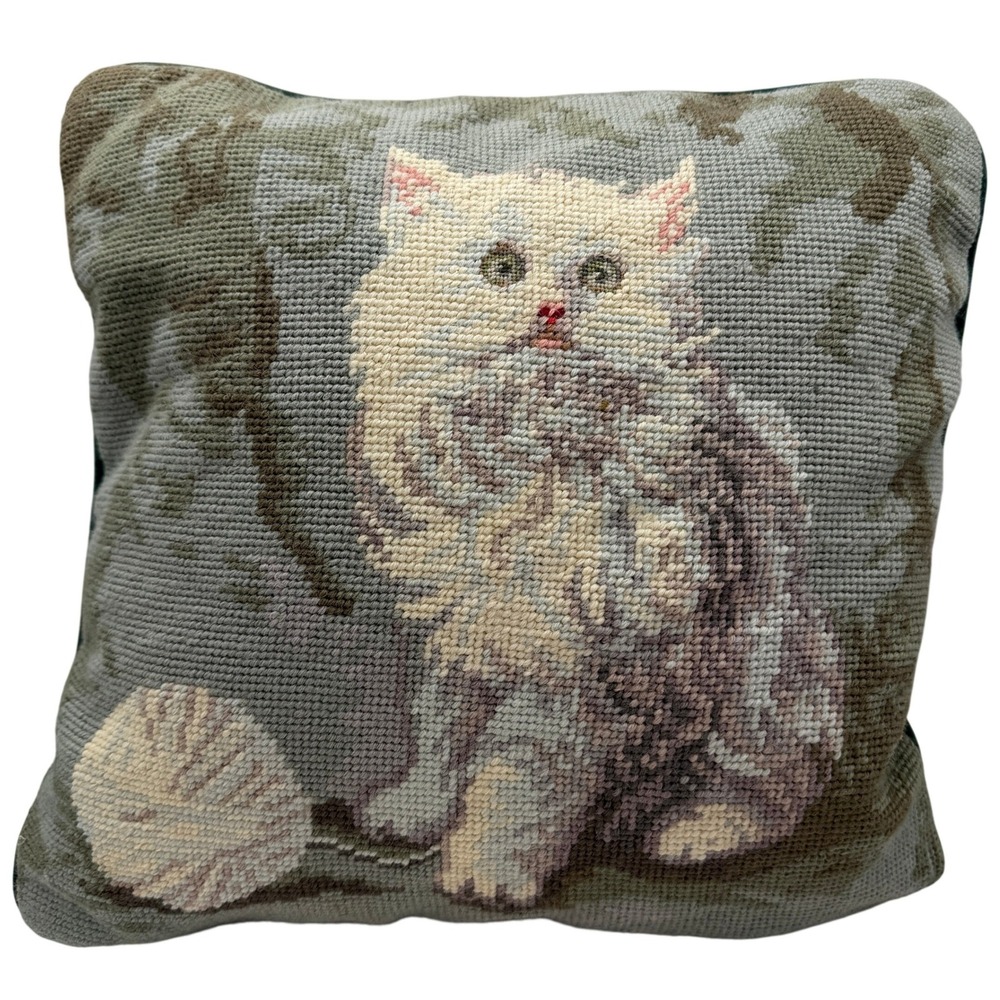 VTG Persian White Cat Needlepoint Throw Pillow Green Velvet Back 14"